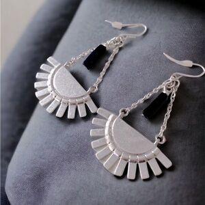 Silver Sunburst with Blue Agate Dangle Pierced Earrings